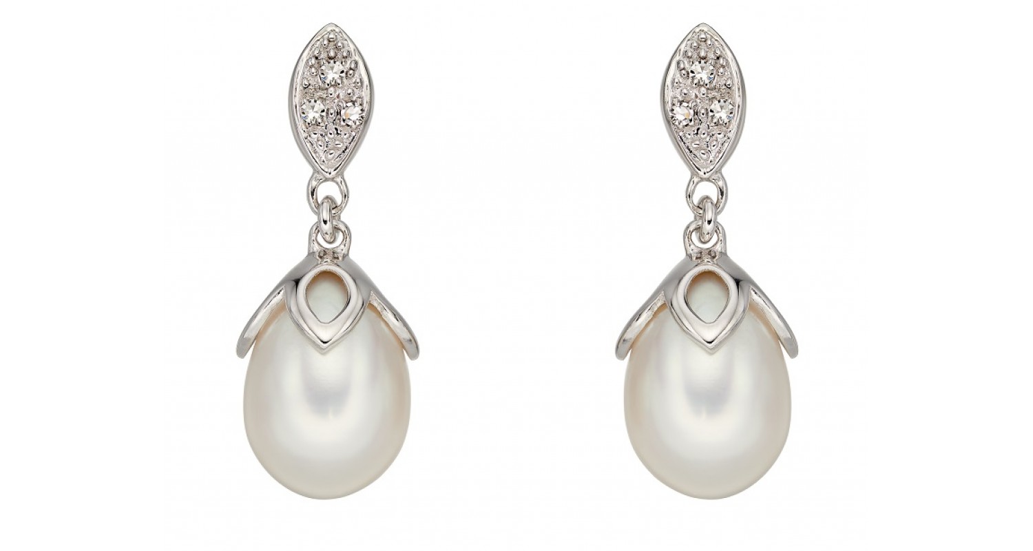 9ct White Gold Freshwater Pearl & Diamond Earrings