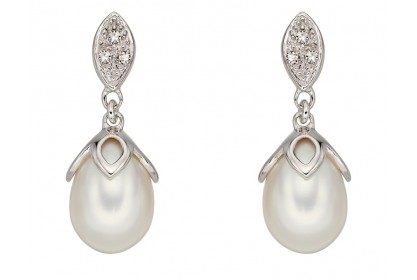 9ct White Gold Freshwater Pearl & Diamond Earrings