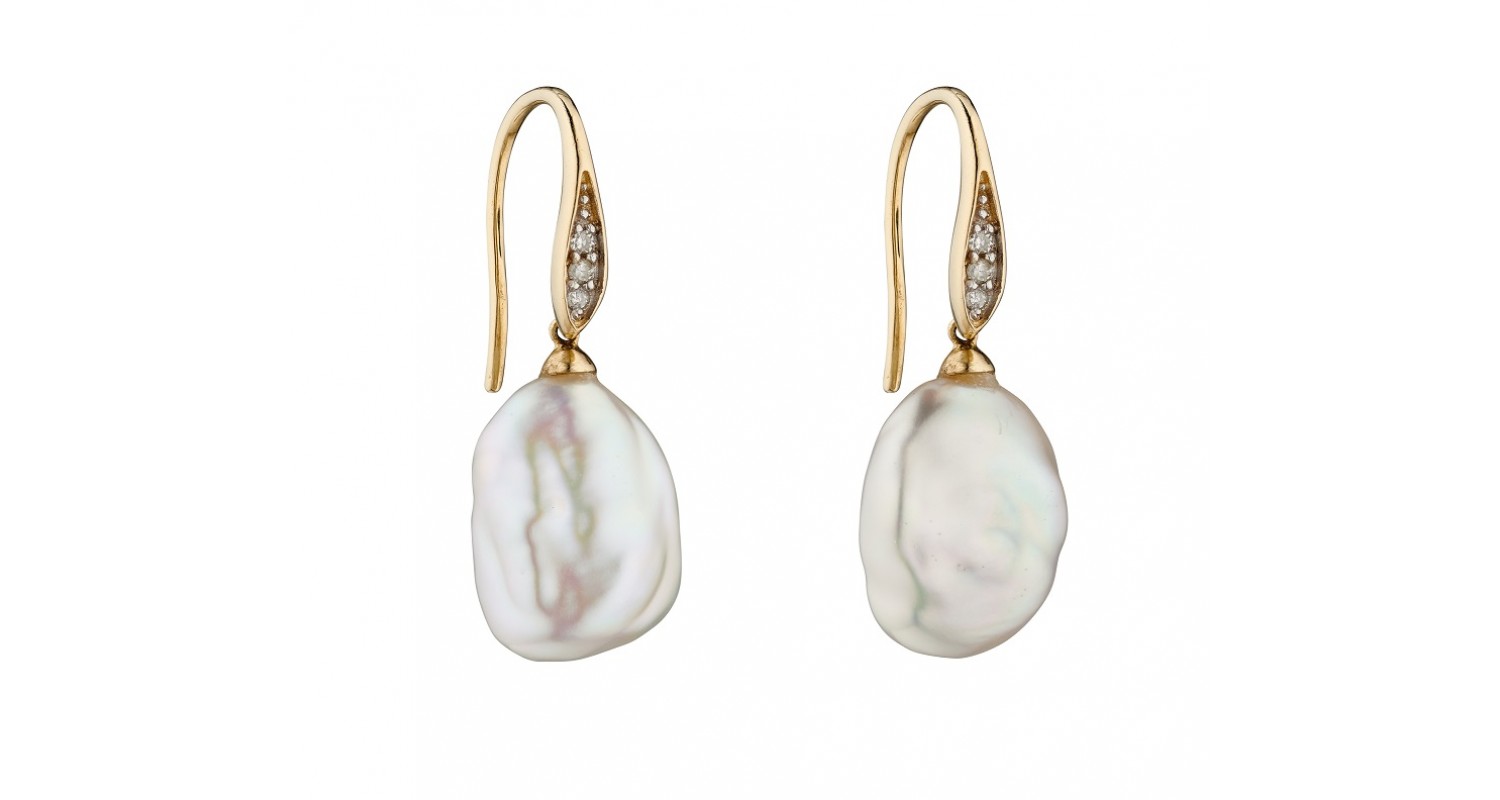 9ct Yellow Gold Keshi Pearl & Diamond Earrings