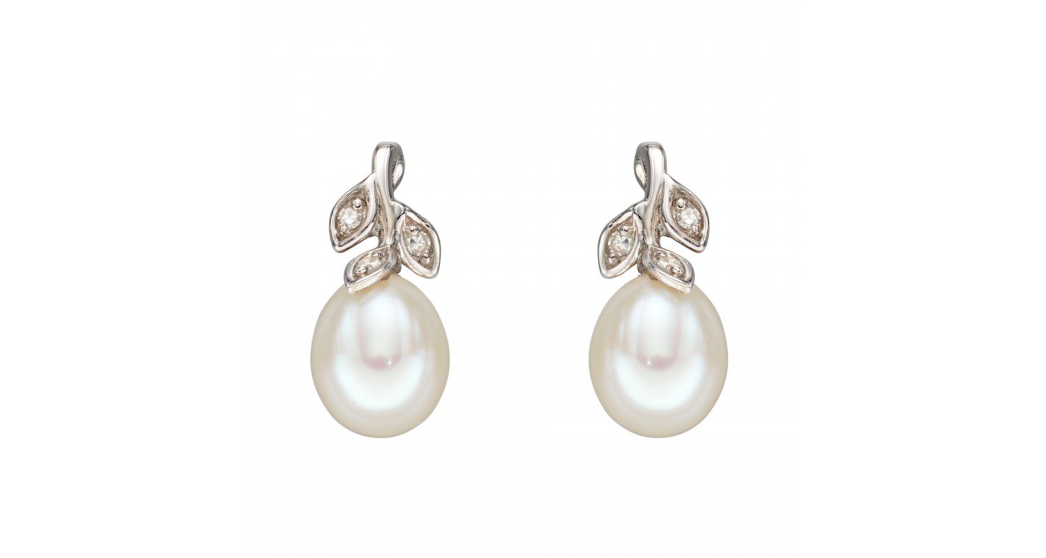 9ct White Gold Freshwater Pearl & Diamond Leaf Earrings