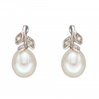 9ct White Gold Freshwater Pearl & Diamond Leaf Earrings