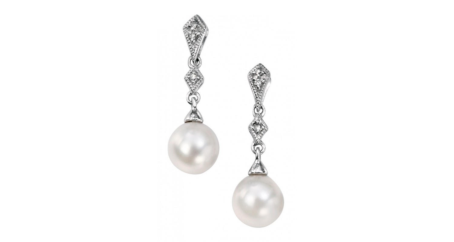 9ct White Gold Freshwater Pearl & Diamond Earrings