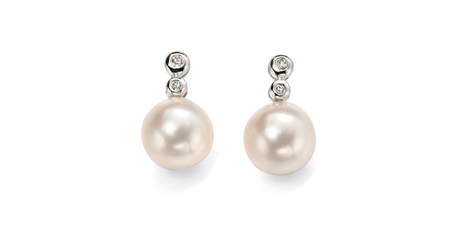 9ct White Gold Freshwater Pearl & Diamond Earrings