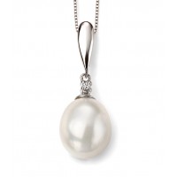 9ct White Gold Freshwater Pearl & Diamond Drop Necklace