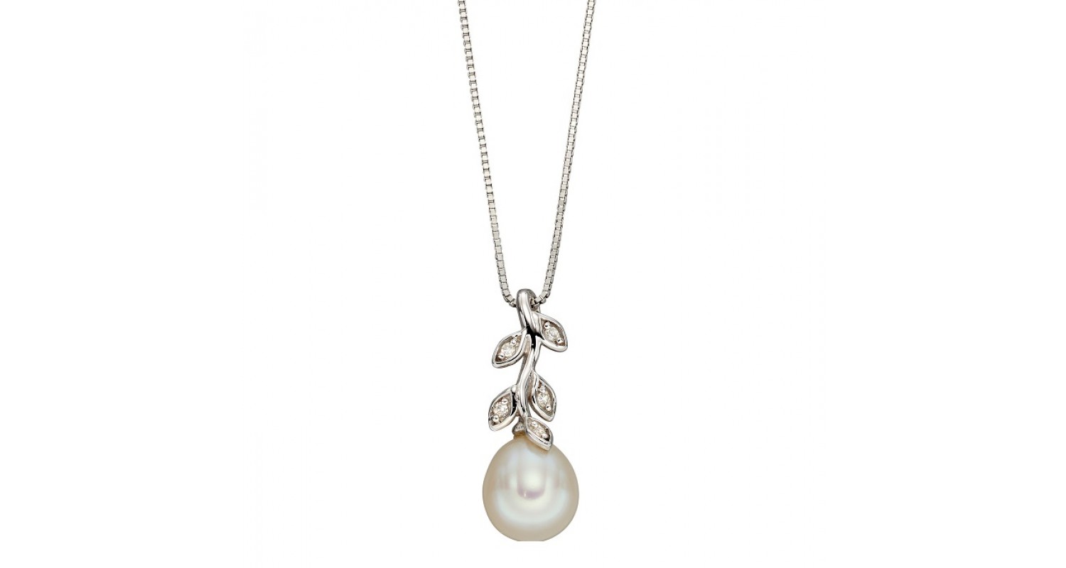 9ct White Gold Freshwater Pearl & Diamond Leaf Necklace