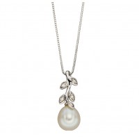 9ct White Gold Freshwater Pearl & Diamond Leaf Necklace