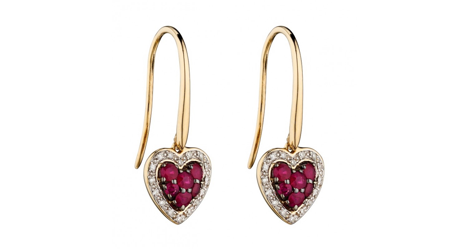 9ct Yellow Gold Ruby & Diamond Heart Earrings