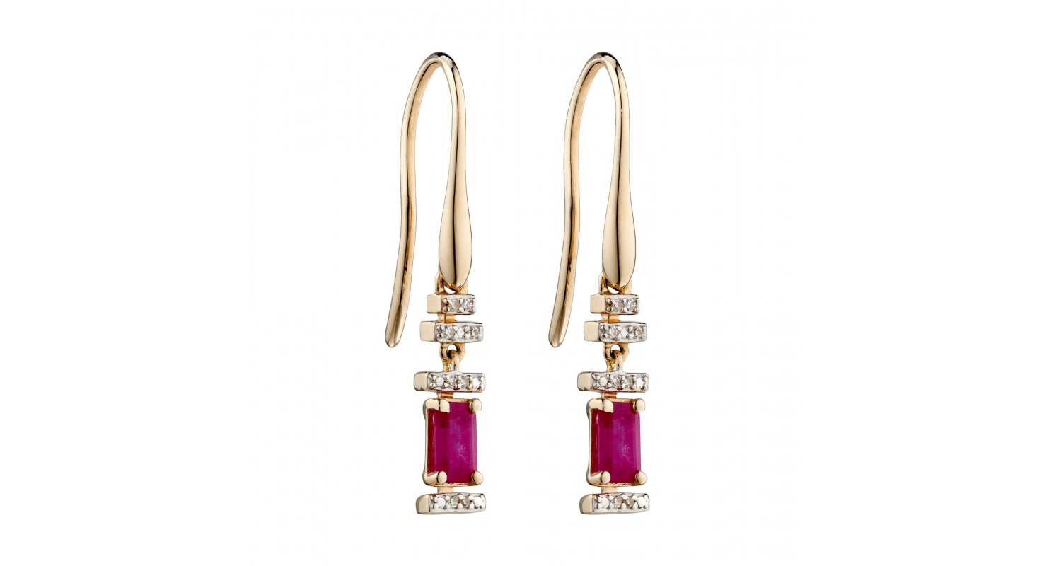 9ct Yellow Gold Ruby & Diamond Baguette Earrings