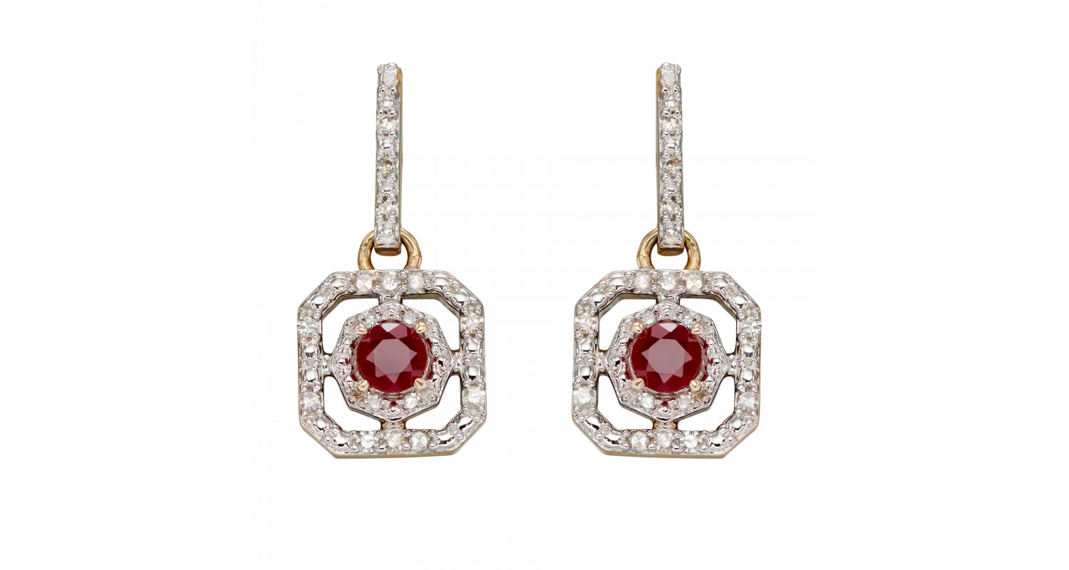 9ct Yellow Gold Ruby & Diamond Art Deco Style Earrings