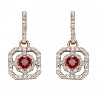 9ct Yellow Gold Ruby & Diamond Art Deco Style Earrings