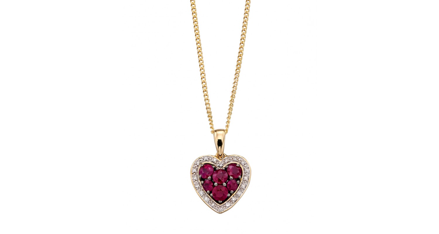 9ct Yellow Gold Ruby & Diamond Heart Necklace 