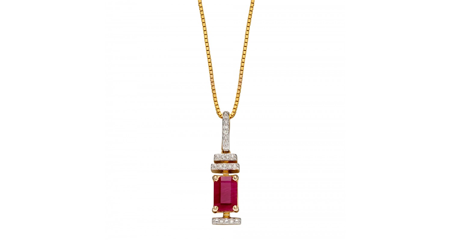 9ct Yellow Gold Ruby & Diamond Baguette Necklace