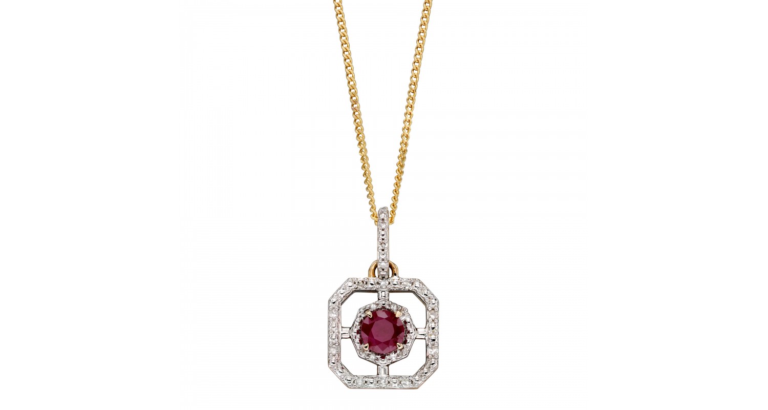 9ct Yellow Gold Ruby & Diamond Art Deco Style Necklace 