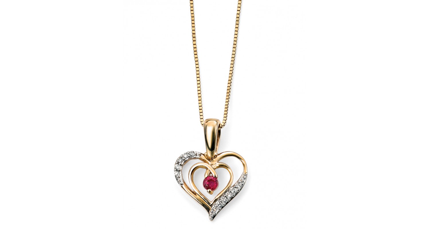 9ct Yellow Gold Ruby & Diamond Heart Necklace