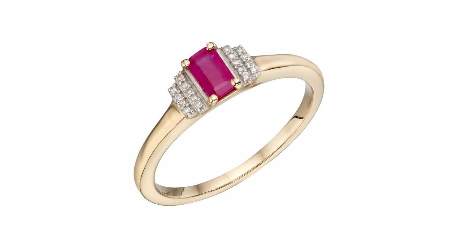 9ct Yellow Gold Ruby & Diamond Baguette Ring