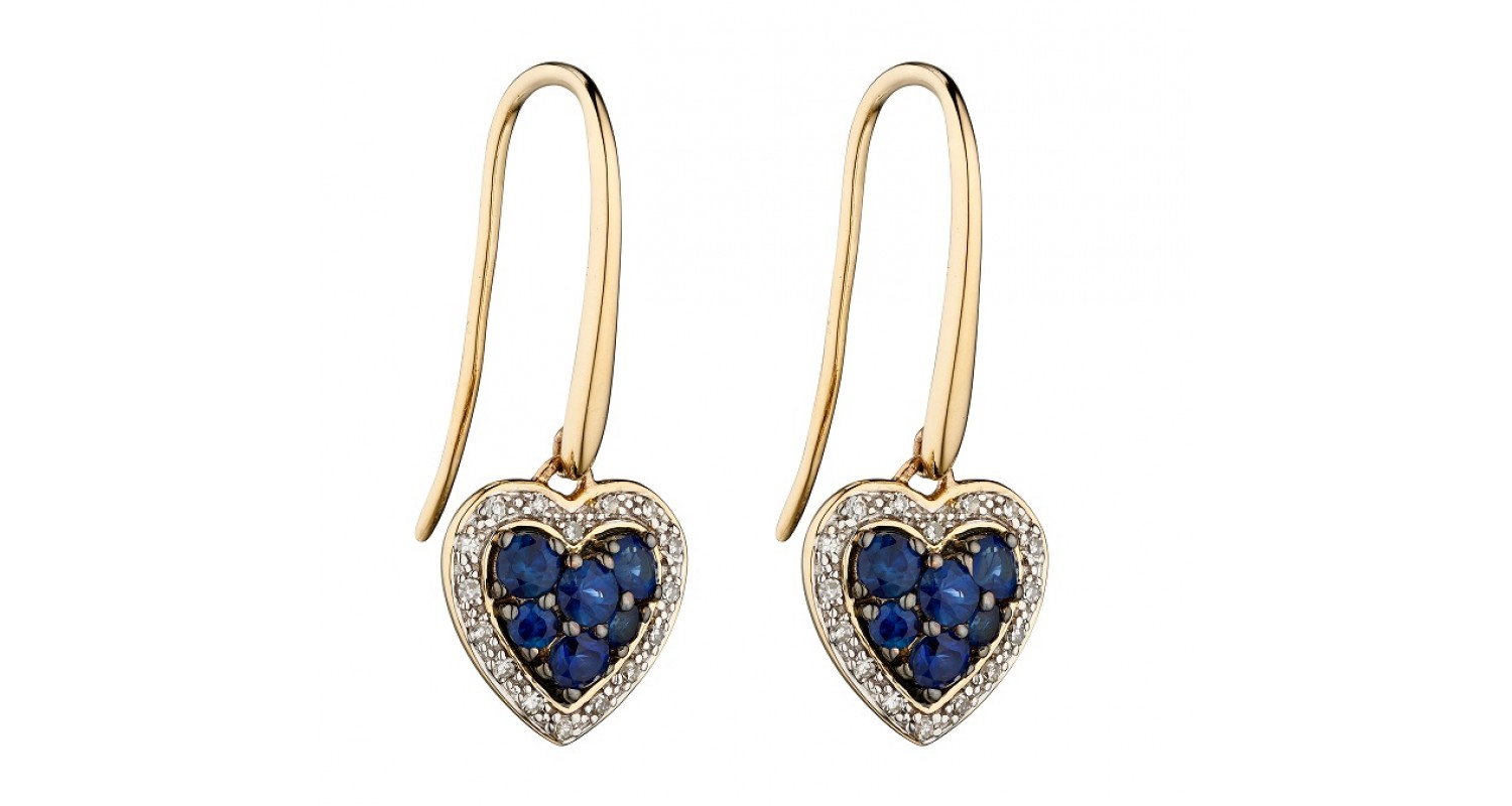 9ct Yellow Gold Sapphire & Diamond Heart Earrings