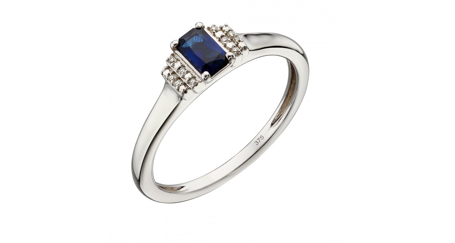 9ct White Gold Sapphire & Diamond Deco Ring