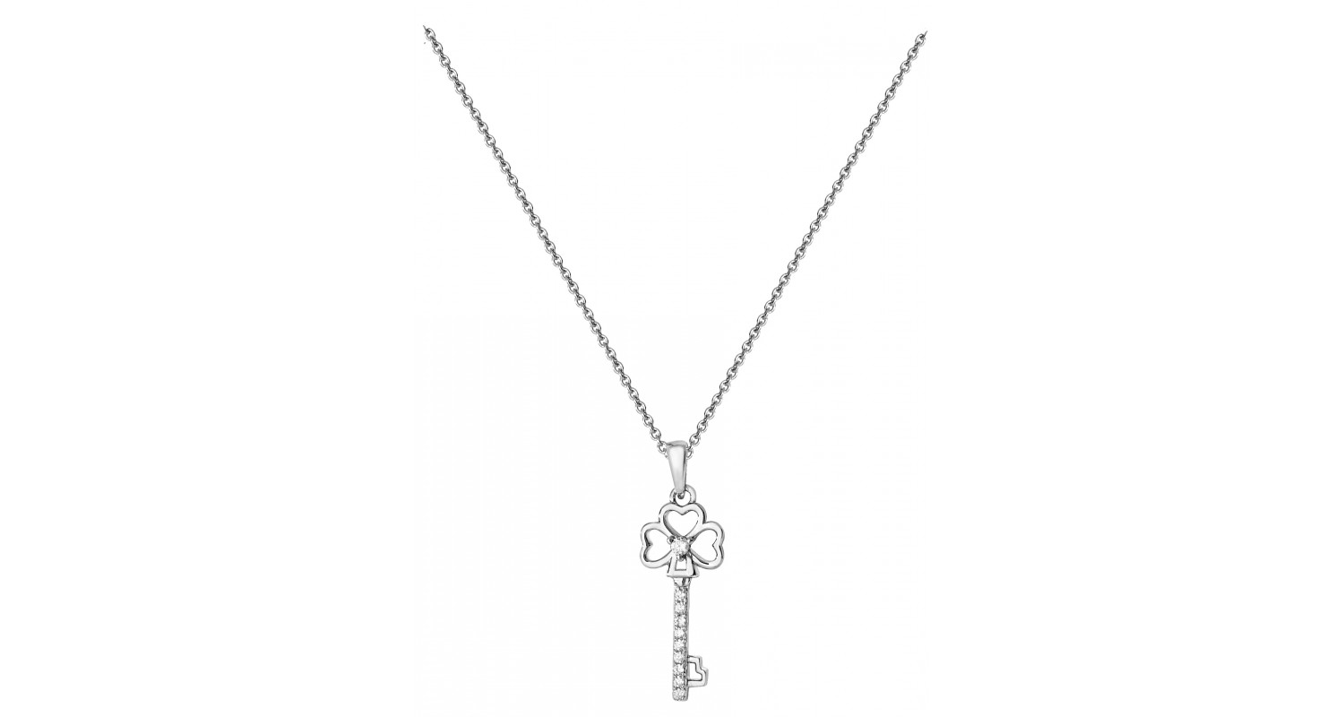 Sterling Silver CZ Set Shamrock And Key Necklace