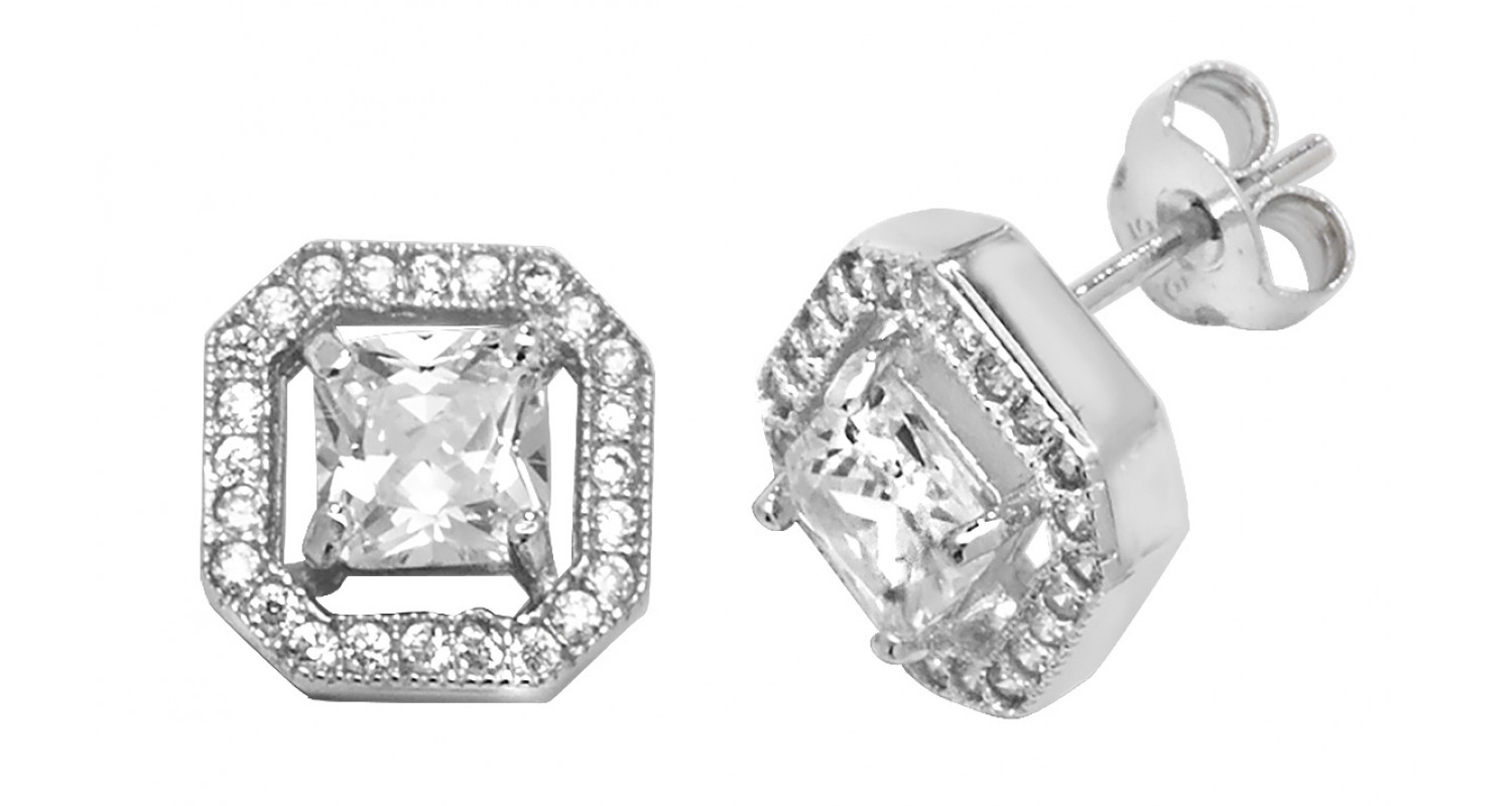 Sterling Silver Square Cubic Zirconia Stud Earrings