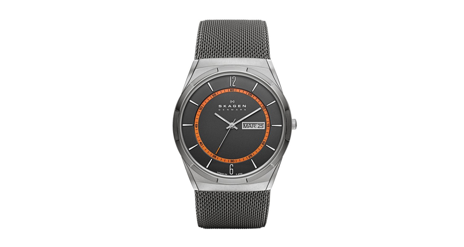 Skagen Melbye Titanium & Steel Mesh Day-Date Watch