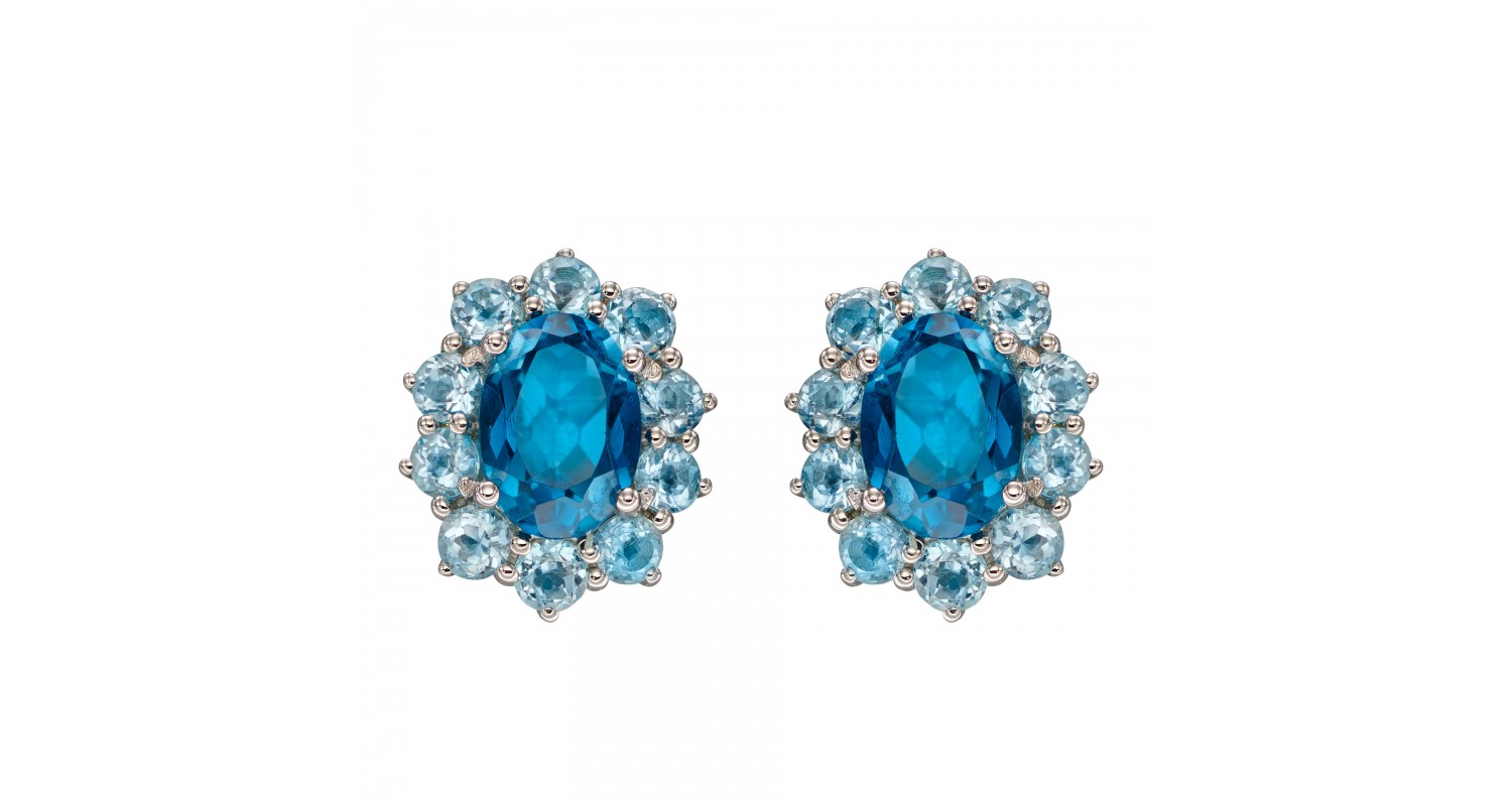 9ct White Gold Blue Topaz Cluster Earrings