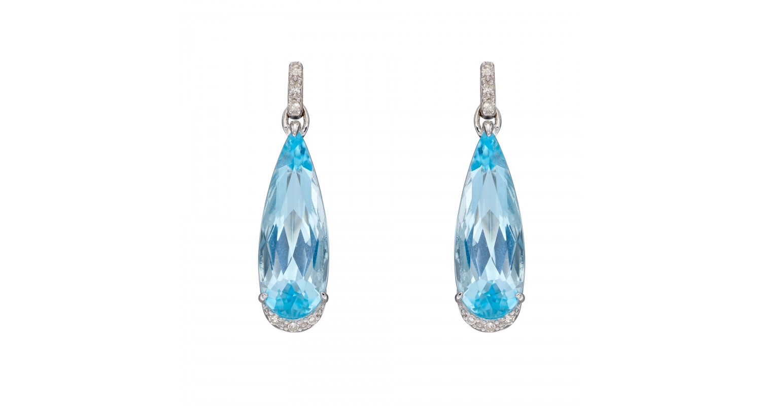 9ct White Gold Blue Topaz & Diamond Teardrop Earrings