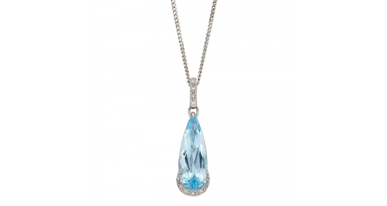 9ct White Gold Blue Topaz & Diamond Teardrop Necklace 