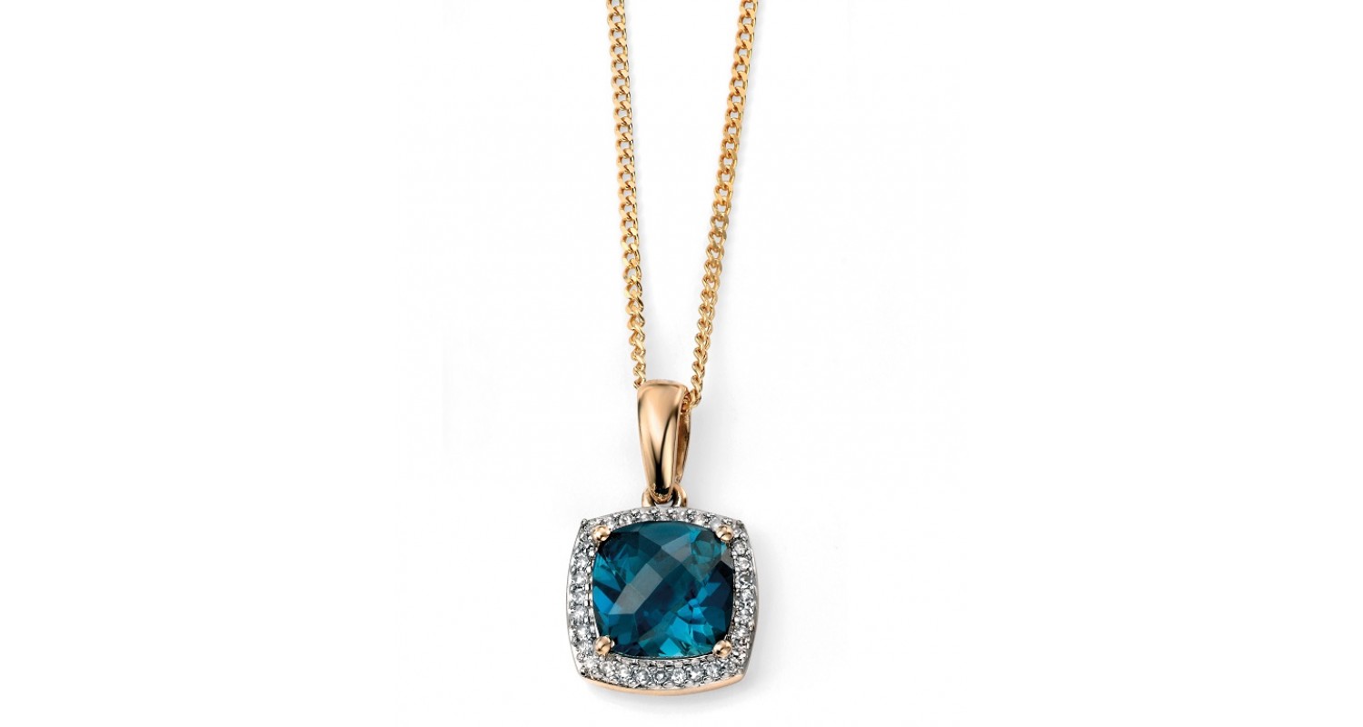 9ct Yellow Gold Blue Topaz & Diamond Necklace