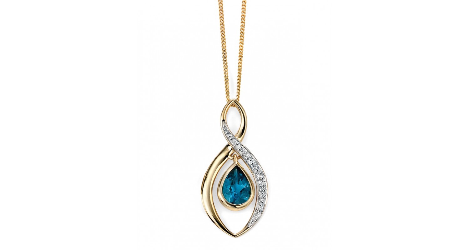 9ct Yellow Gold Blue Topaz & Diamond Necklace