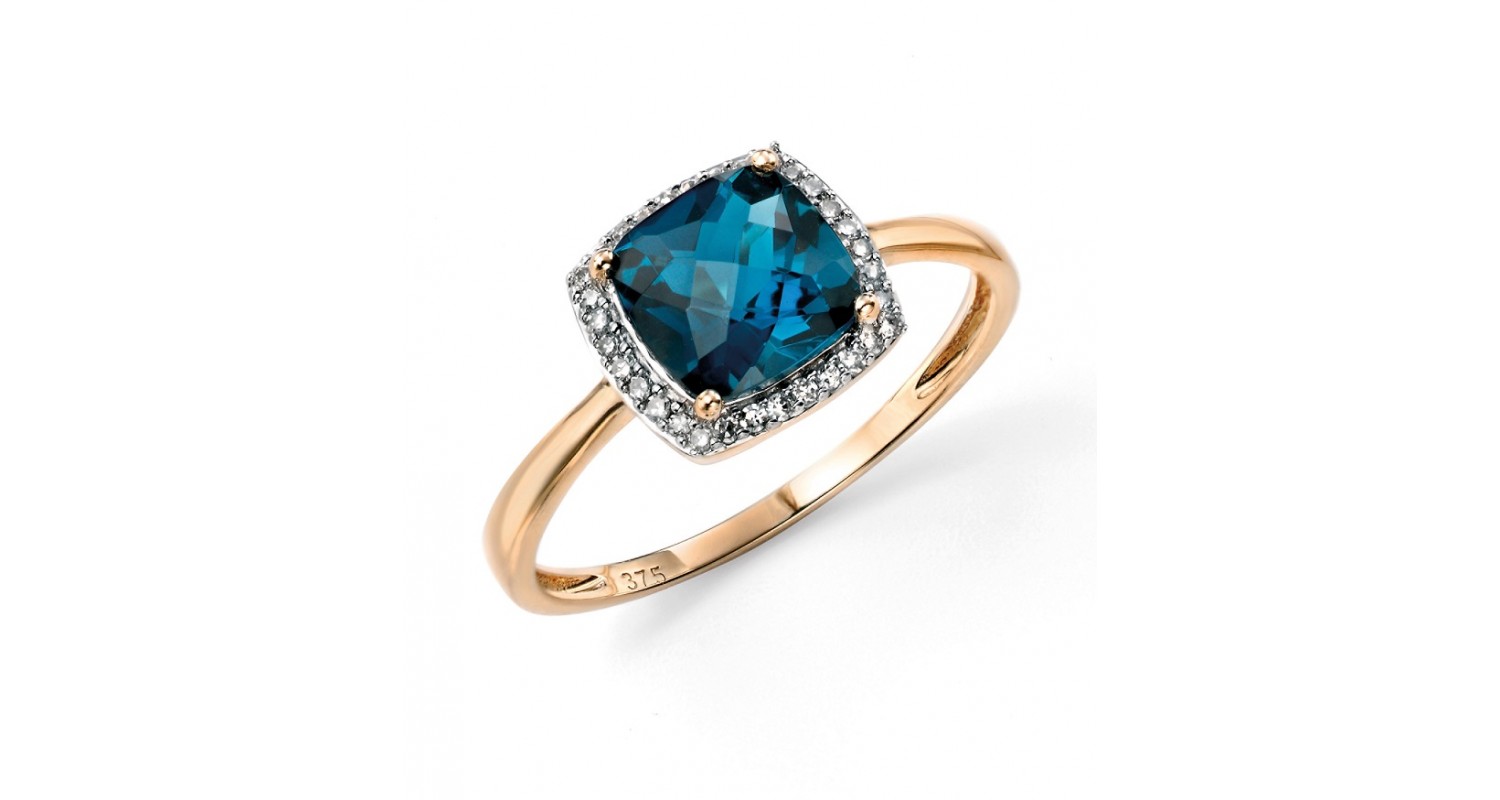 9ct Yellow Gold Blue Topaz & Diamond Ring