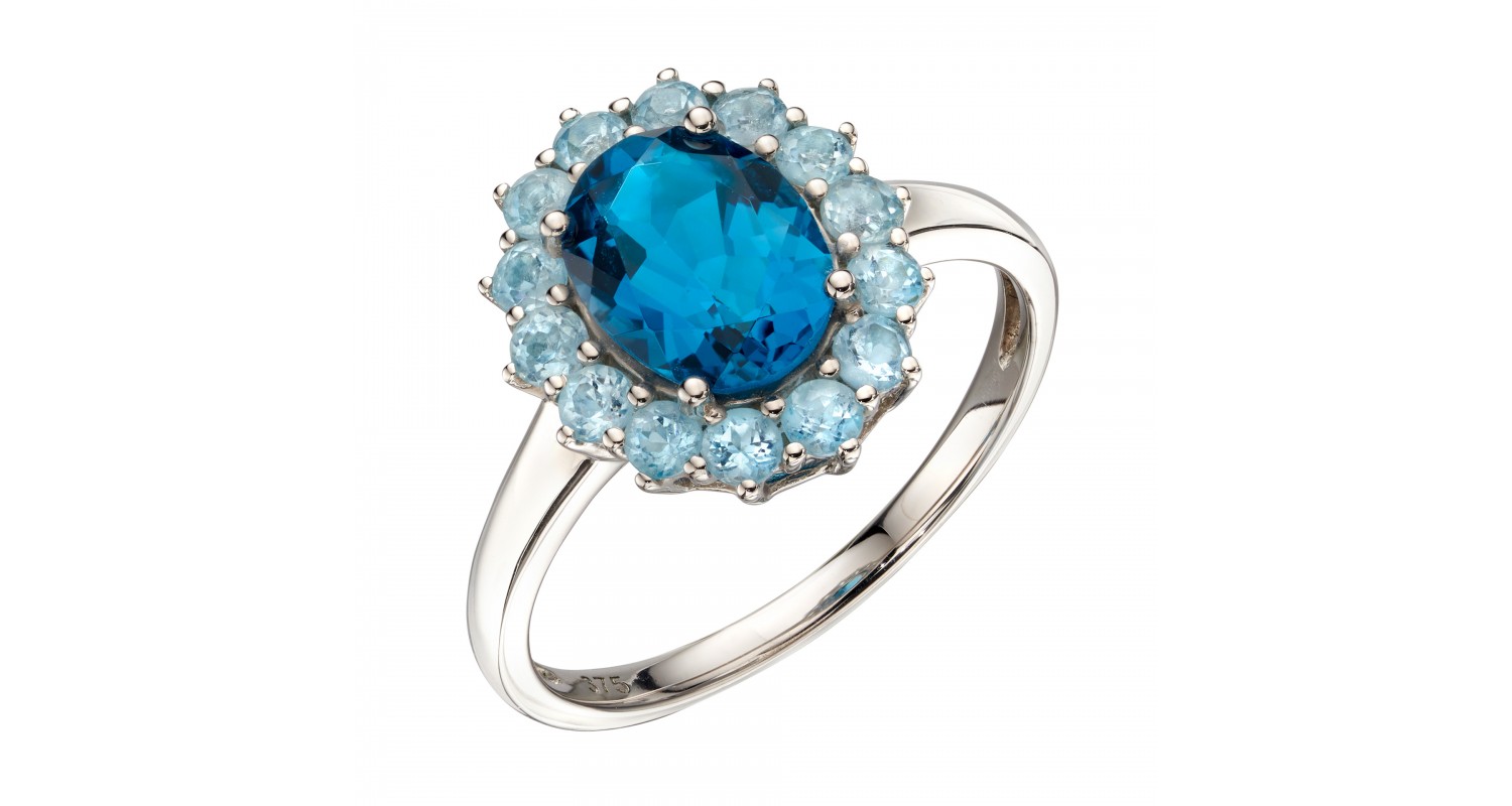 9ct White Gold Blue Topaz Cluster Ring